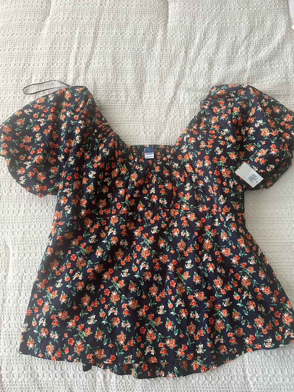 Old Navy Black Floral Puff Sleeve Square Neck Top